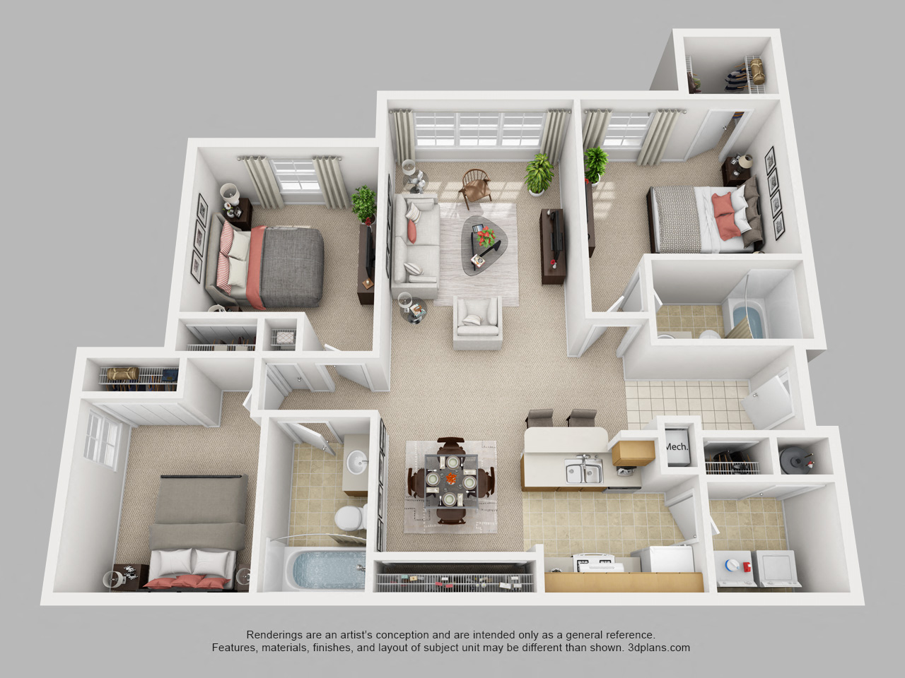 Floor plan for 3 beds, 2 baths, 1203 sqft